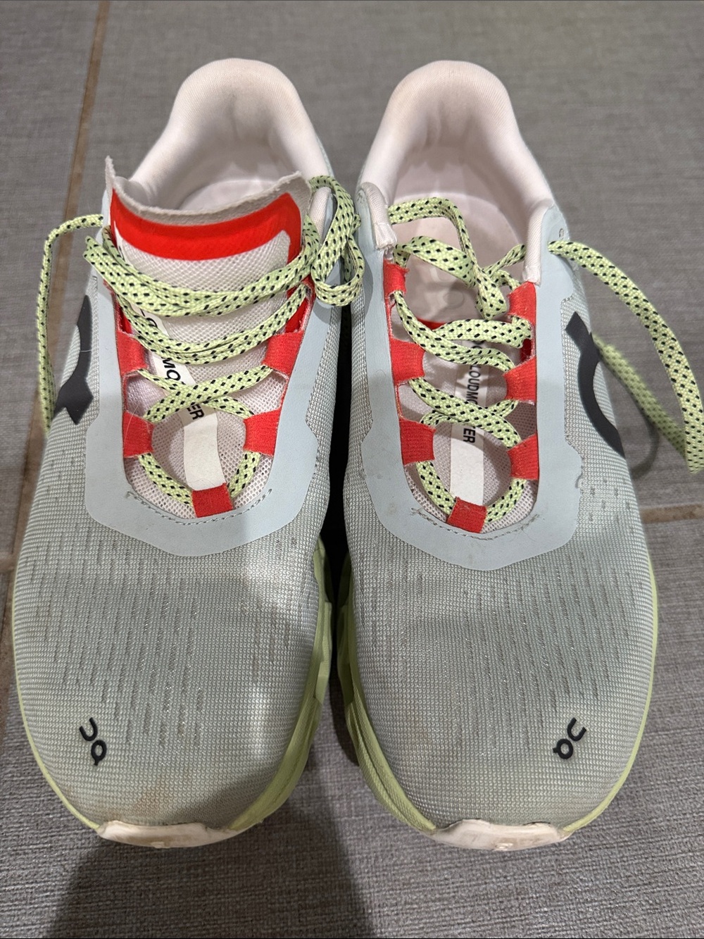 On Running Cloudmonster Sneakers - Light Gray, Neon Lime & Red Accents - Picture 4 of 6
